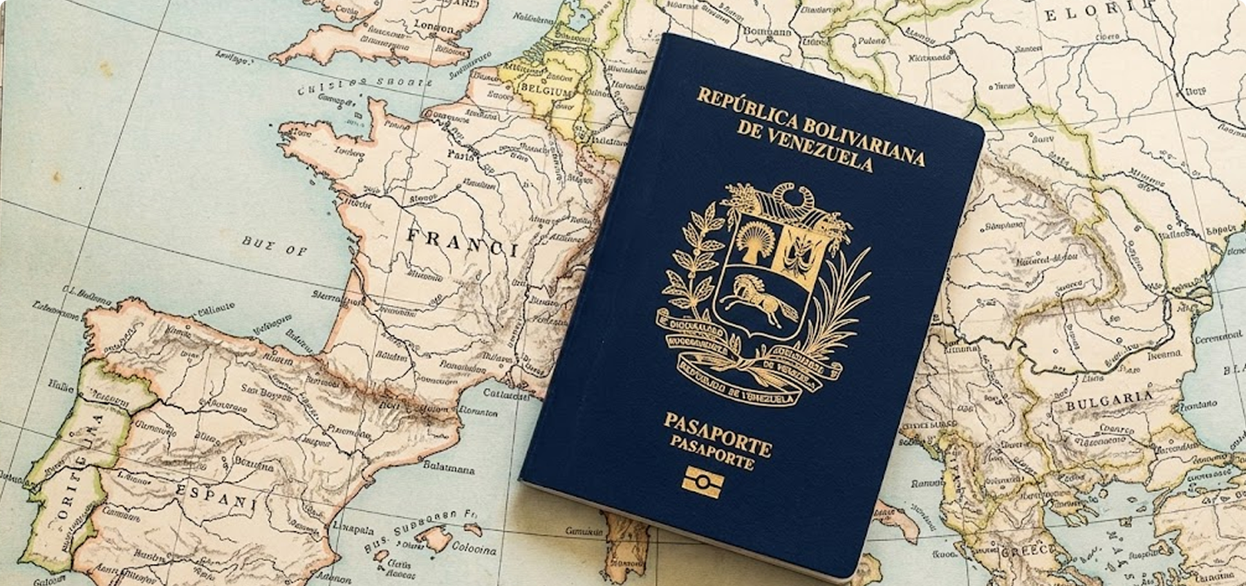 Pasaporte venezolano sobre un mapa de Europa