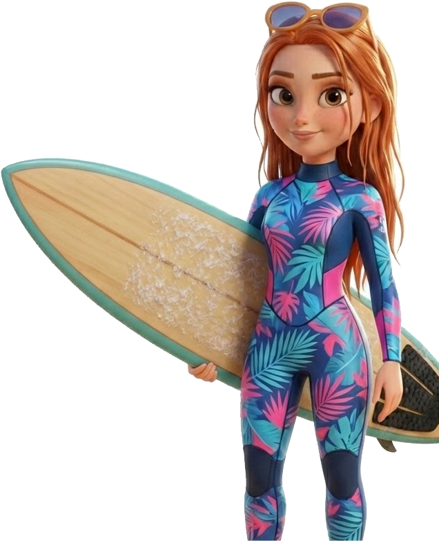 Asesora de World Medic Assist con tabla de surf